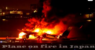 Imagem do avião se incendiando no aéroporto no Japão